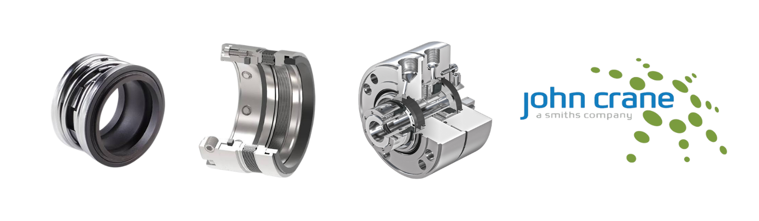 John Crane elastomer bellows mechanical seal, a metal bellows seal shown in cutaway, a cutaway dual cartridge seal assembly, and the John Crane logo, a Smiths company